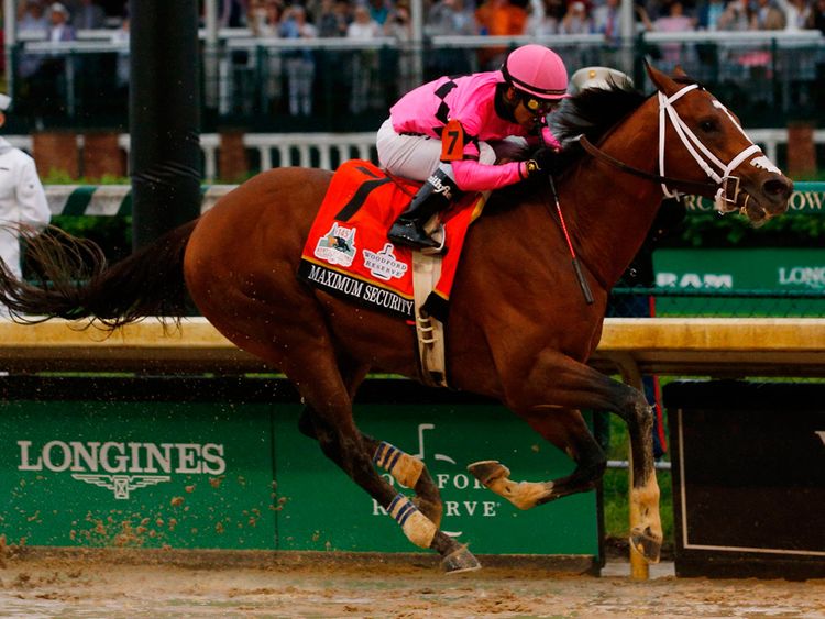 Maximum Security crosses the finish line during the Kentucky Derby last year, only to be disqualified later
