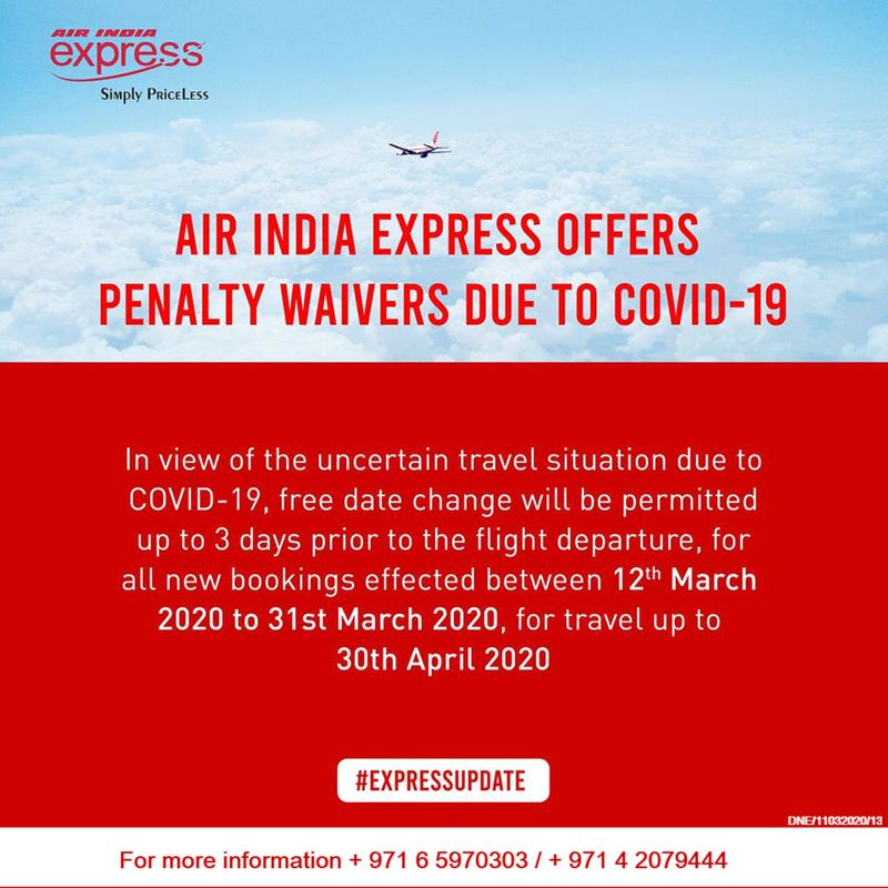 Air India Express notification on waivers during coronavirus   