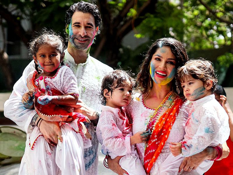 Sunny Leone celebrates Holi with husband and children