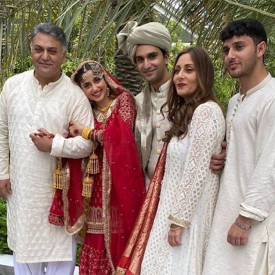 Mr & Mrs Ahad Raza Mir pose with Ahad's family at their intimate wedding celebrations  in Abu Dhabi. 