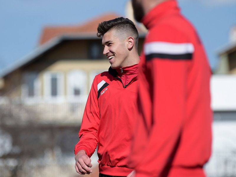 Serbian football player Ilija Ivic, 16, takes part in a training session in Pristina