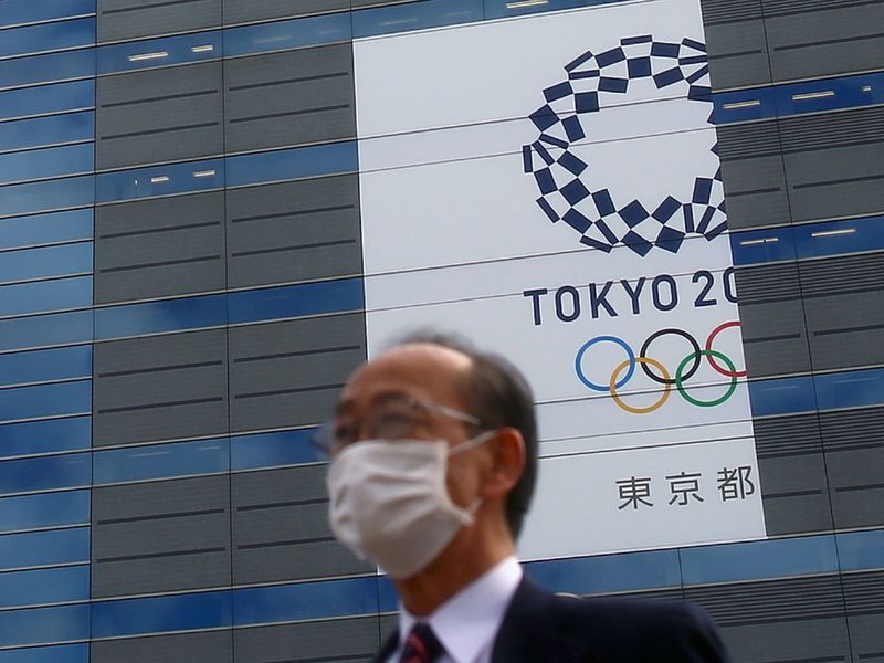 A man wears a protective mask in front of a banner for the upcoming Tokyo 2020 Olympics.