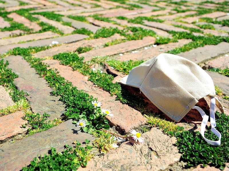 A protective face mask lays amid grass on the Piazza del Campo, that hosts the Palio di Siena horse race twice a year, which has grown only since a strict lockdown has meant crowds of tourists and Italians can no longer visit the square, as the spread of the coronavirus disease (COVID-19) continues, in the medieval city of Siena, Italy, April 9, 2020. REUTERS/Jennifer Lorenzini