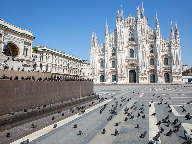 Pigeons gather in Duomo square, in view of Duomo cathedral in Milan, Italy. 