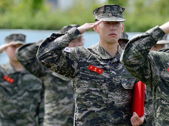  Tottenham Hotspur's South Korean striker Son Heung-min in military uniform saluting during a basic military training completion ceremony at a marines boot camp in Jeju island. 