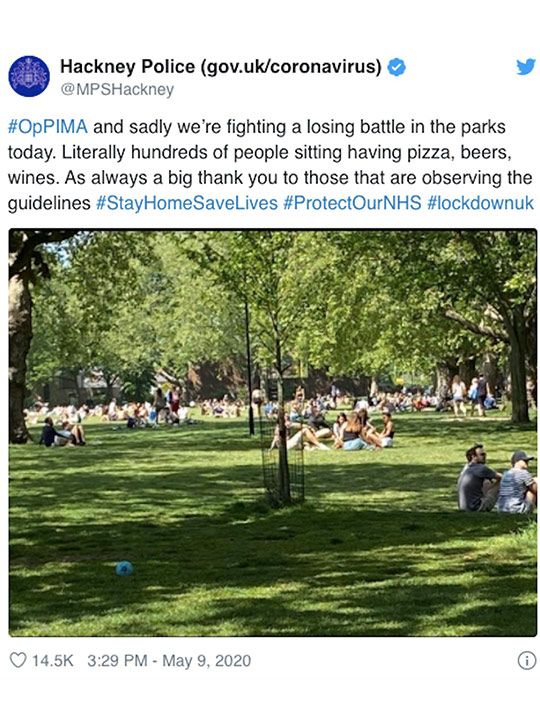 A Hackney Police statement, posted on its official Twitter page alongside an image believed to be of London Fields, said: ‘Sadly we're fighting a losing battle in the parks today.’ 