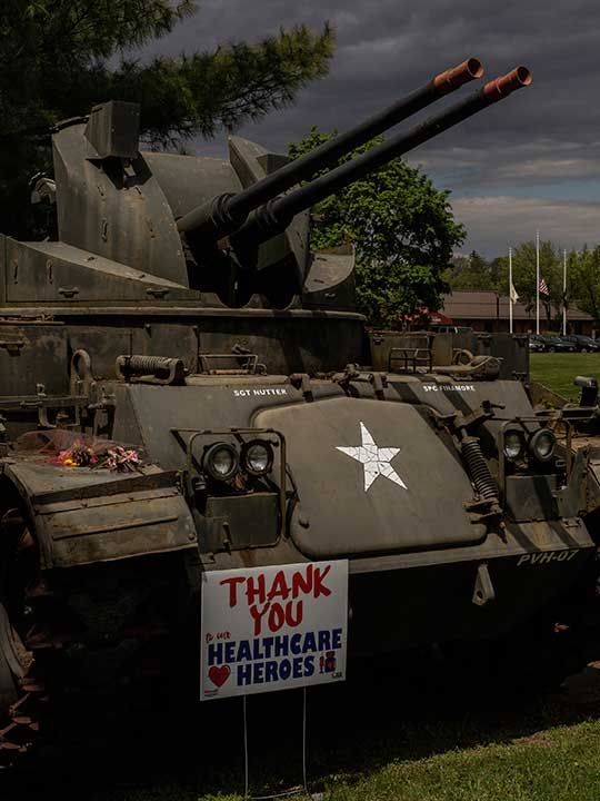 An armoured vehicle outside the New Jersey Veterans Home at Paramus