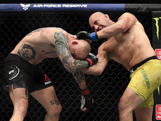 Glover Teixeira of Brazil on his way to victory over Anthony Smith of the United States in their light heavyweight bout during UFC Fight Night at VyStar Veterans Memorial Arena on May 13