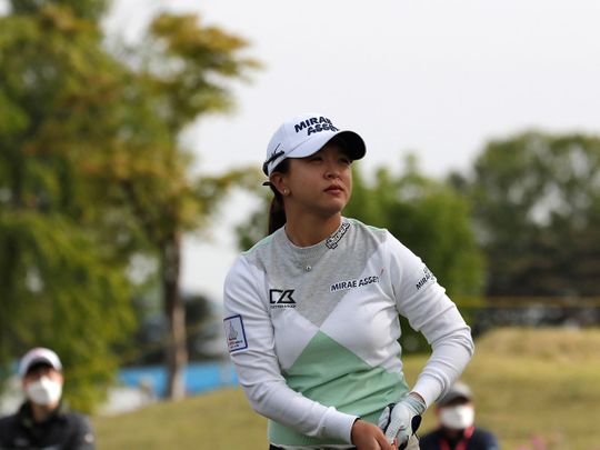 Kim Sei-young of South Korea watches her tee shot on the 10th hole during the first round of the KLPGA Championship at the Lakewood Country Club in Yangju,