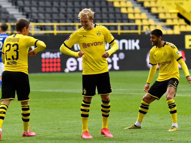 Dortmund celebrate their opening goal against Schalke in the Bundesliga 