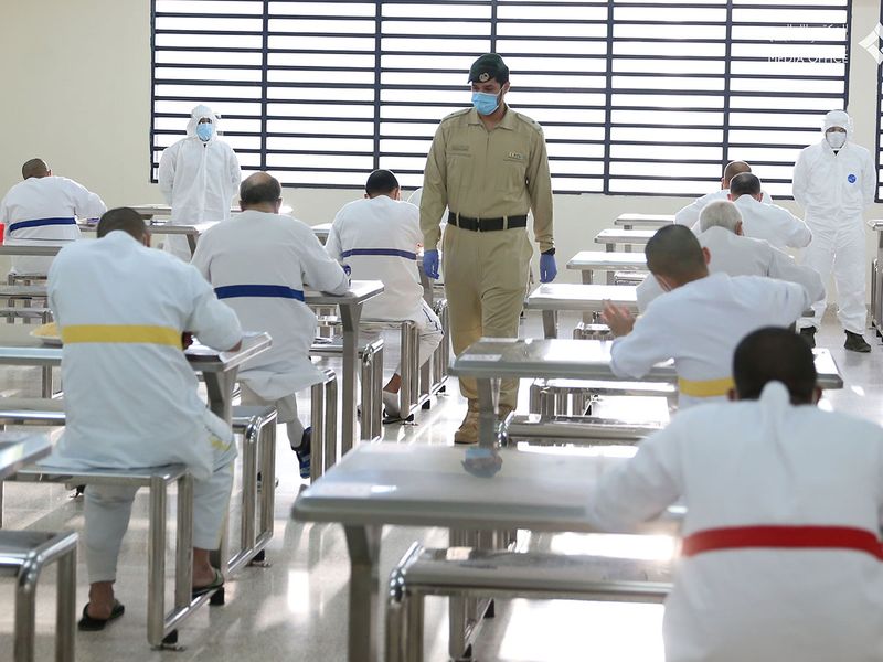 Social distancing is enforced during meal times at Dubai Central Jail during coronavirus restrictions