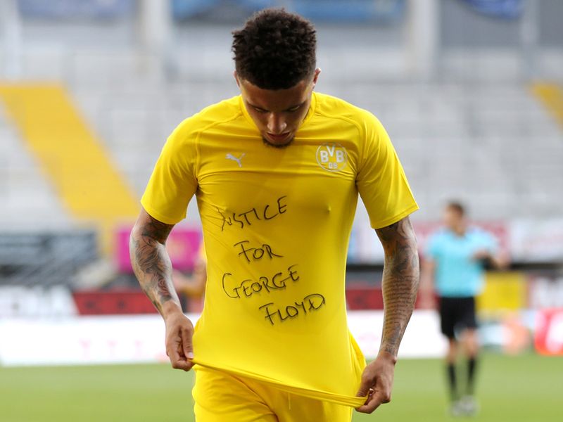 Jadon Sancho shows his message of support for George Floyd after scoring for Borussia Dortmund 