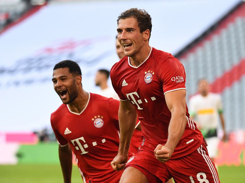 Bayern's Leon Goretzka celebrates the winner against Borussia Moenchengladbach.