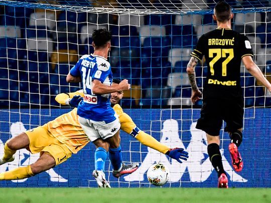 Napoli's Dries Mertens past Inter Milan goalkeeper Samir Handanovic.