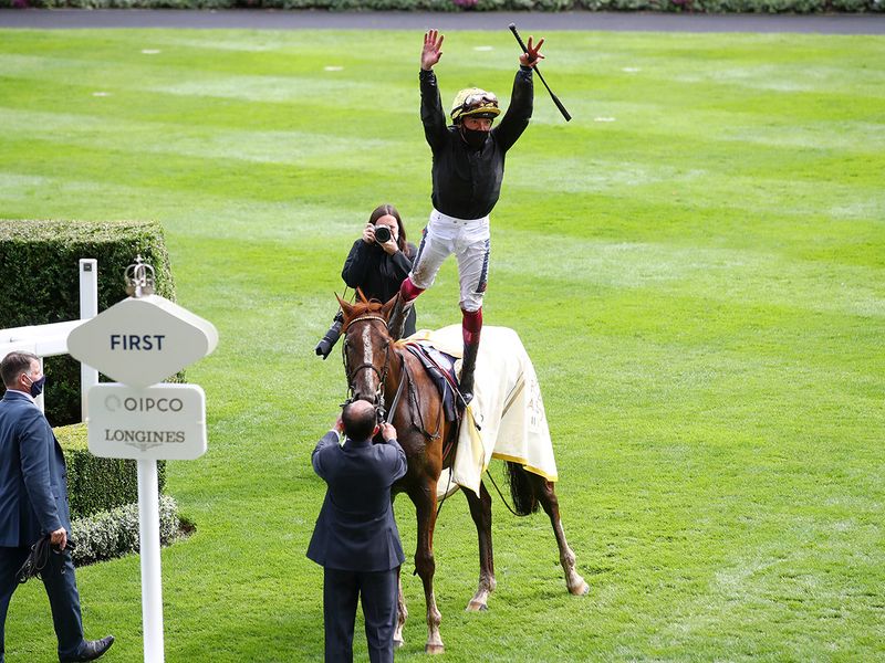 Horse Racing - Royal Ascot - Ascot Racecourse, Ascot, Britain - June 18, 2020 Frankie Dettori celebrates after winning the Gold Cup on Stradivarius, as racing resumed behind closed doors after the outbreak of the coronavirus disease (COVID-19) Julian Finney/Pool via REUTERS