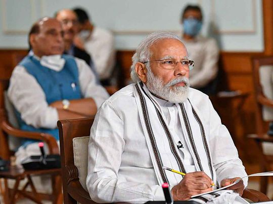 Prime Minister Narendra Modi during an all party meeting to discuss the situation along the India-China border via video conferencing, in New Delhi.