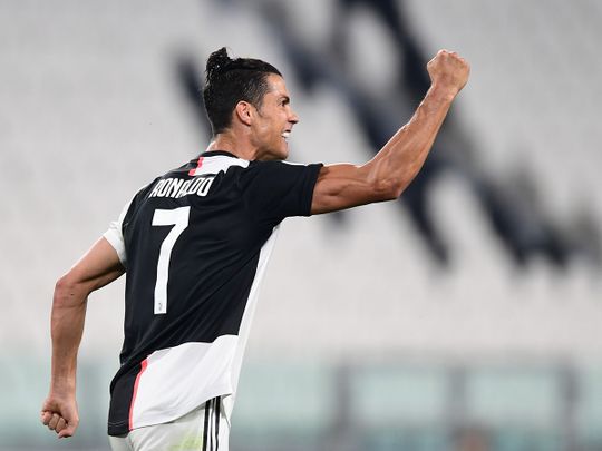 Juventus forward Cristiano Ronaldo celebrates after scoring a penalty against Lecce.