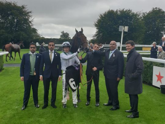 Ahmed Al Shaikh (second from right) with trainer Andrew Balding (right), jockey Tom Marquand and friends after Khalifa Sat won his maiden at Goodwood last September. Pic courtesy Ahmed Al Sheikh...