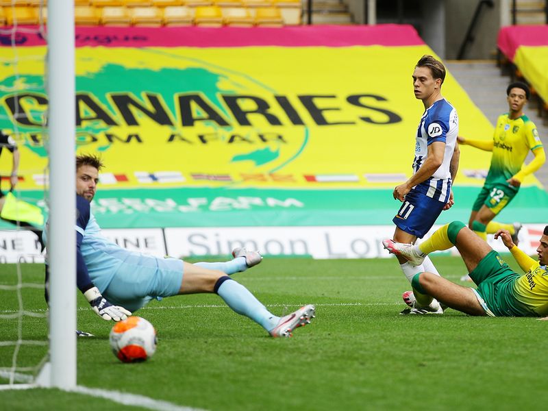Brighton's Leandro Trossard scores their first goal,