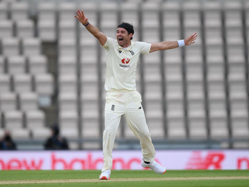 England's James Anderson appeals for the wicket of West Indies' John Campbell during the first Test at the Ageas Bowl in Southampton