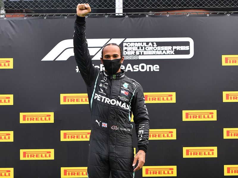 Lewis Hamilton on the podium after winning the Styrian Grand Prix