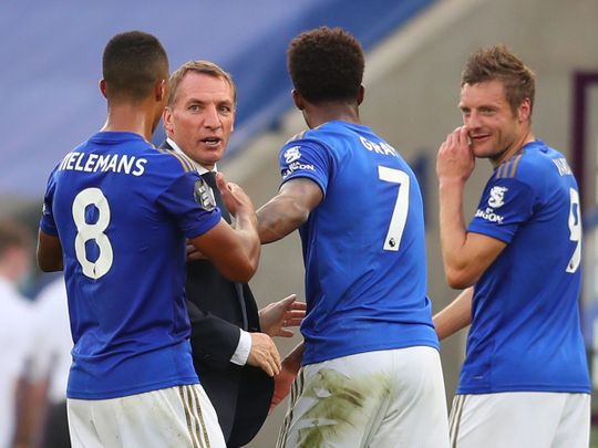 Leicester City manager Brendan Rodgers with Youri Tielemans, Demarai Gray and Jamie Vardy after the win over Sheffield United