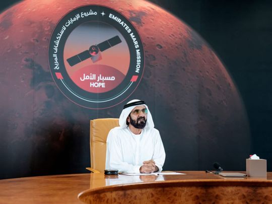 Sheikh Mohammed Bin Rashid Al Maktoum, Vice President and Prime Minister of the UAE and Ruler of Dubai in a video call with the Hope Probe team on Saturday