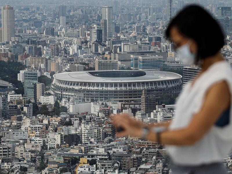 The National Stadium, the main stadium of Tokyo 2020 Olympics and Paralympics, is seen from observation deck in Tokyo