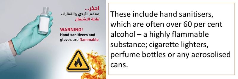 hand sanitisers, cigarette lighters, perfume bottles or any aerosolised cans.
