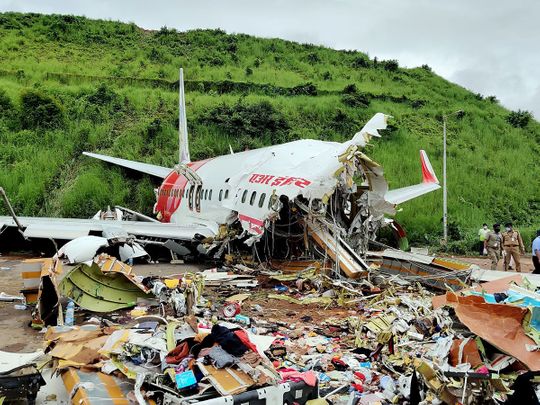 Wreckage of Air India Express flight at Kozhikode International Airport