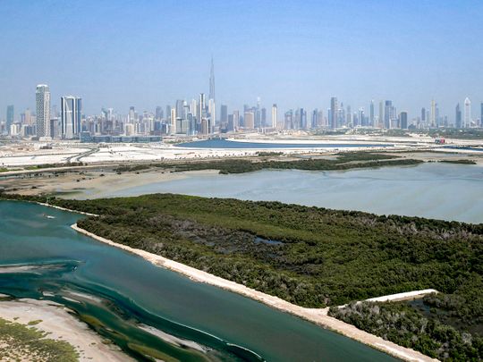Stock aerial Dubai skyline