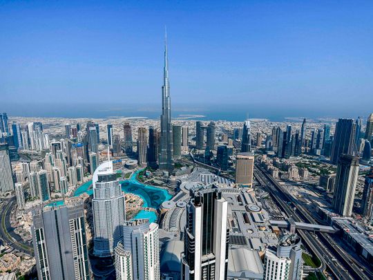 Stock aerial Dubai skyline