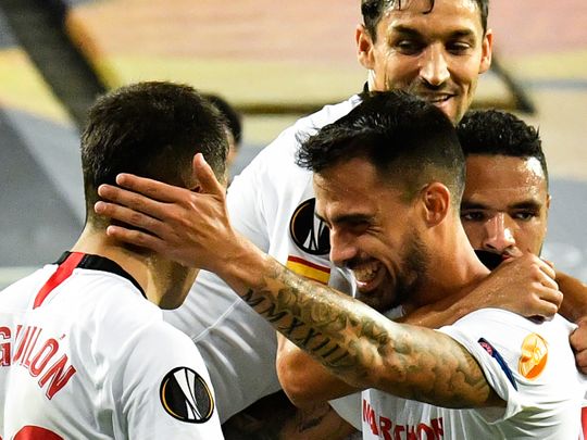 Sevilla's Suso celebrates scoring the leveller against Manchester United