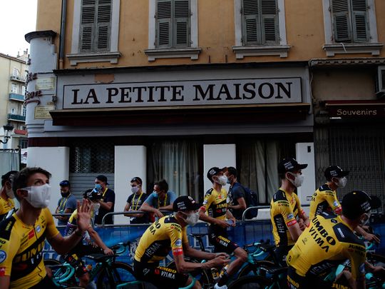 Team Jumbo-Visma riders arrive for the 107th Tour de France team presentation in Nice