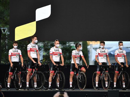 The UAE Team Emirates cyclists at the Tour De France team presentation in Nice.