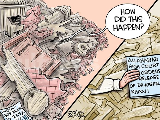 Cartoon from Satish Acharya - September 1: India’s shrinking GDP and high profile case of Dr Kafeel Khan