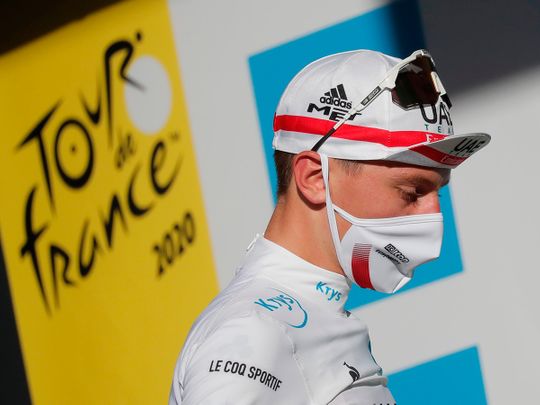 UAE Team Emirates' Tadej Pogacar takes the Tour De France white jesey.