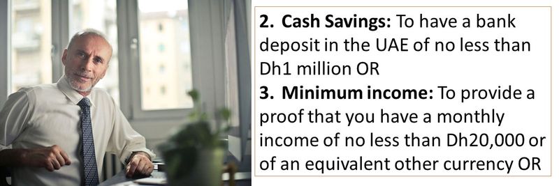 2.	Cash Savings: To have a bank deposit in the UAE of no less than Dh1 million OR 3.	Minimum income: To provide a proof that you have a monthly income of no less than Dh20,000 or of an equivalent other currency OR