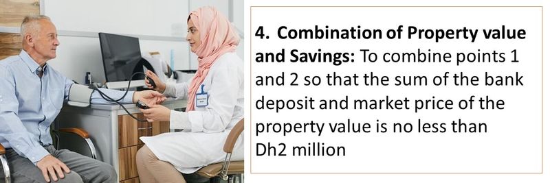 4.	Combination of Property value and Savings: To combine points 1 and 2 so that the sum of the bank deposit and market price of the property value is no less than  Dh2 million