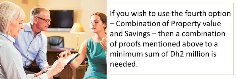 If you wish to use the fourth option  – Combination of Property value and Savings – then a combination of proofs mentioned above to a minimum sum of Dh2 million is needed. 
