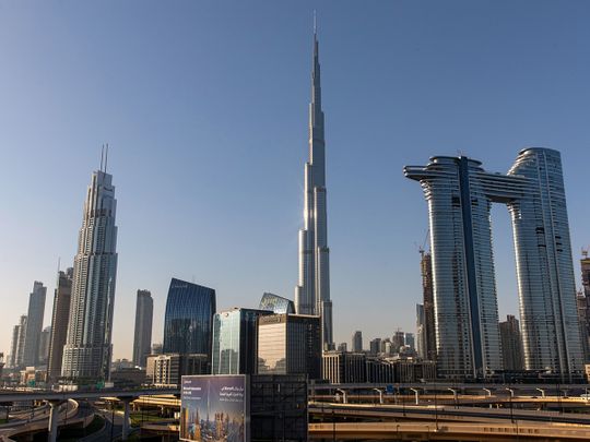 Stock Dubai skyline Burj Khalifa