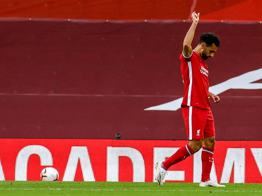 Salah celebrates for Liverpool against Leeds