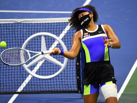 Japan's Naomi Osaka wears a George Floyd mask at the US OPen