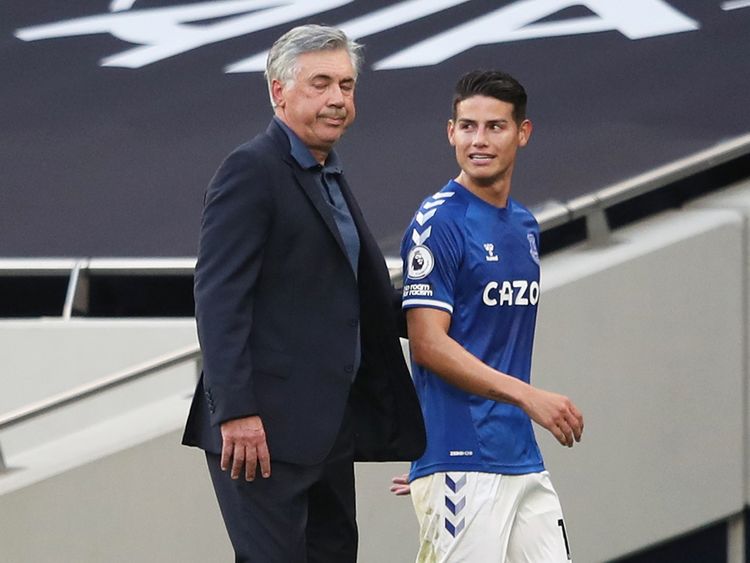Everton's Carlo Ancelotti and new signing James Rodriguez