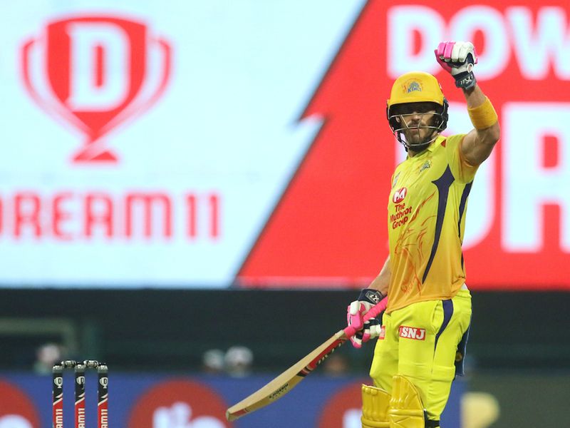 Faf du Plessis of Chennai Superkings raises his hand after scoring a fifty during match 1 of season 13 of the Dream 11 Indian Premier League (IPL) between the Mumbai Indians and the Chennai Superkings held at the Sheikh Zayed Stadium, Abu Dhabi in the United Arab Emirates on the 19th September 2020. Photo by: Vipin Pawar / Sportzpics for BCCI