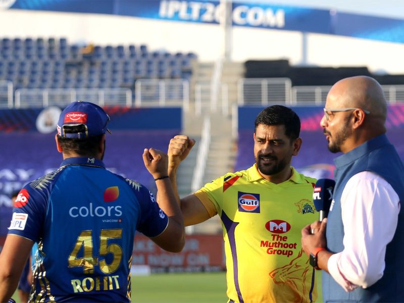 MS Dhoni captain of Chennai Superkings and Rohit Sharma captain of Mumbai Indians during the toss.