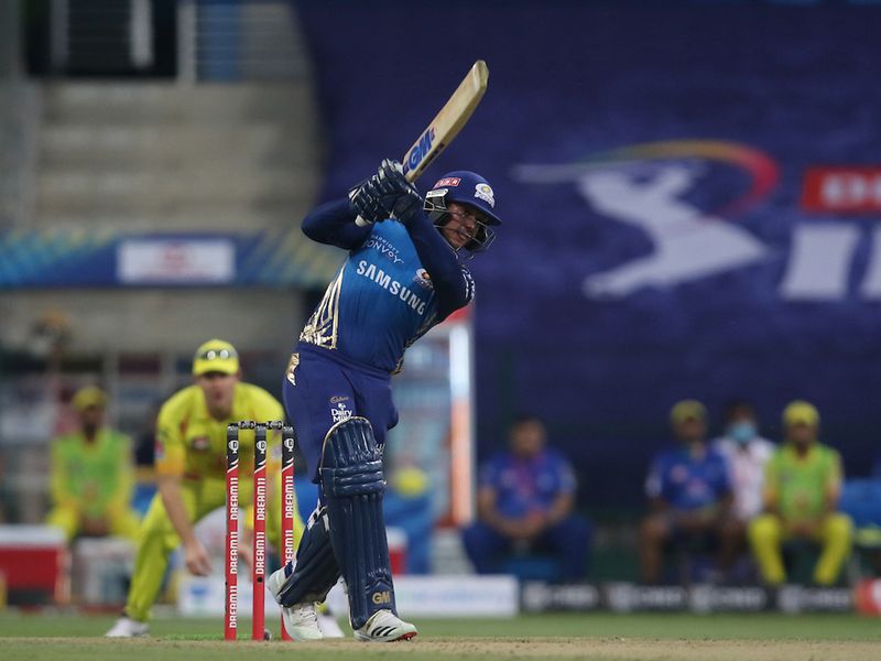 Quinton de Kock of Mumbai Indians plays a shot during match 1 of season 13 of the Dream 11 Indian Premier League (IPL) between the Mumbai Indians and the Chennai Superkings held at the Sheikh Zayed Stadium, Abu Dhabi in the United Arab Emirates on the 19th September 2020. Photo by: Pankaj Nangia / Sportzpics for BCCI