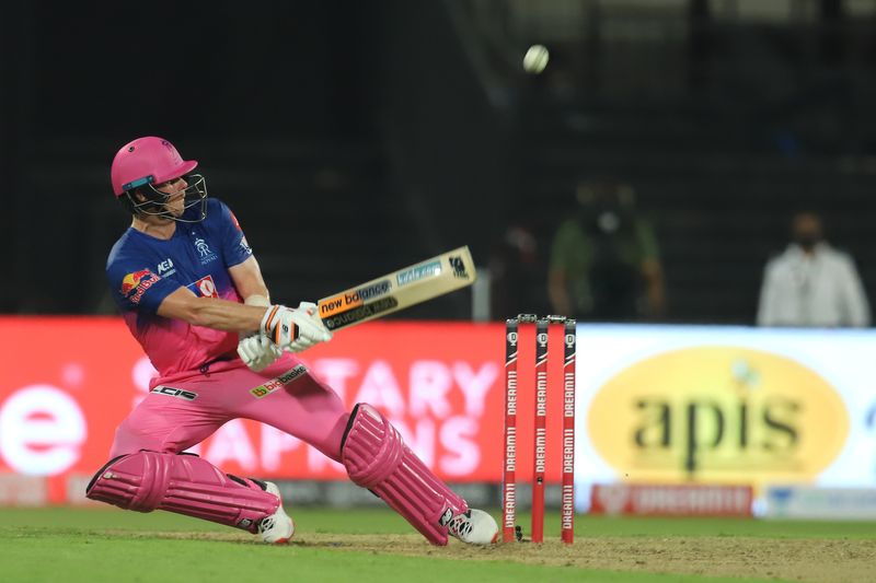 Captain of Rajasthan Royals Steve Smith hits a boundary. 