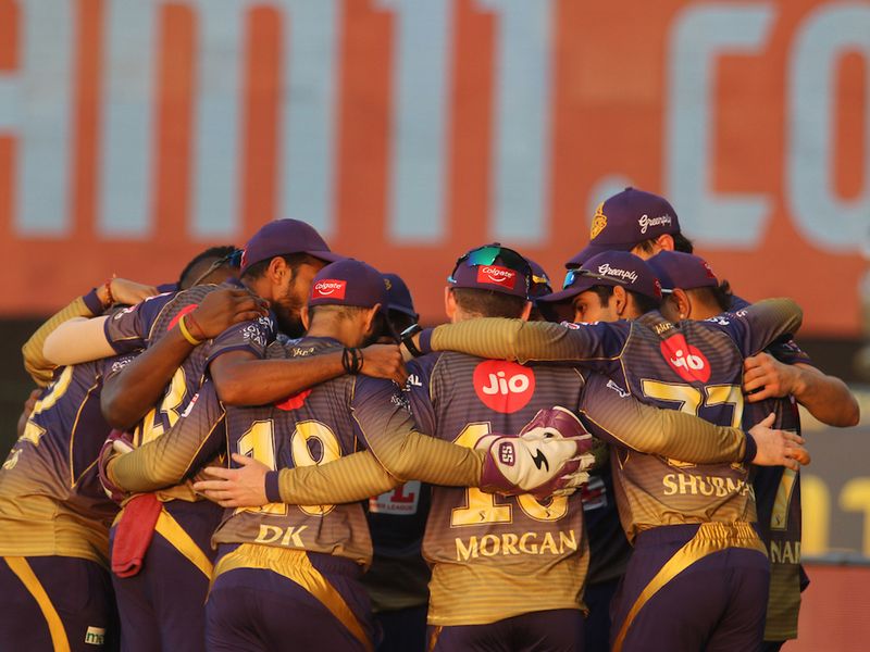 Kolkata Knight Riders make a huddle before the start of the match 5 of season 13 of the Dream 11 Indian Premier League (IPL) between the Kolkata Knight Riders and the Mumbai Indians held at the Sheikh Zayed Stadium, Abu Dhabi in the United Arab Emirates on the 23rd September 2020. Photo by: Vipin Pawar / Sportzpics for BCCI