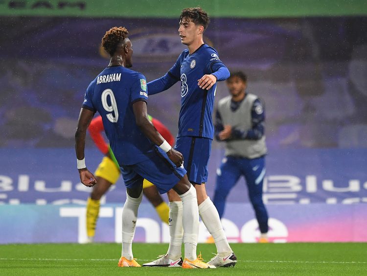 Kai Havertz celebrates with Tammy Abraham during the League Cup win over Barnsley